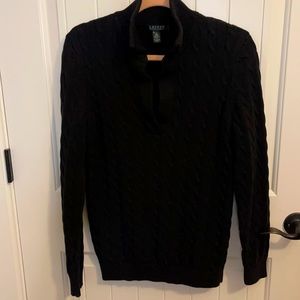 Black Cable Knit V-Neck Sweater by Lauren Ralph Lauren